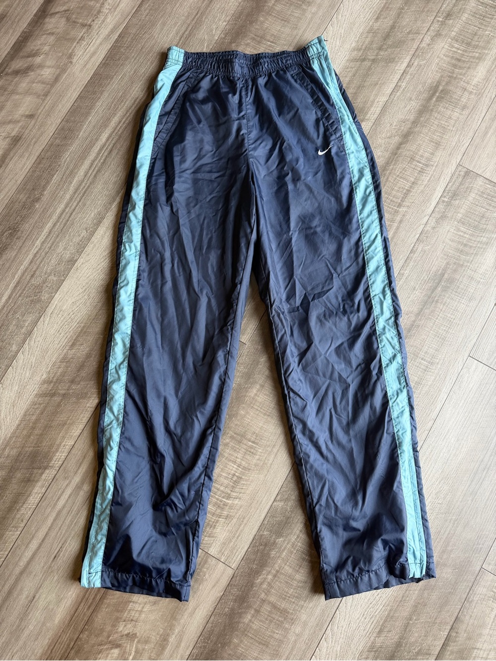 Vintage Nike Windbreaker Track Pants Navy Blue Turquoise with Leg Zippers Sz S
